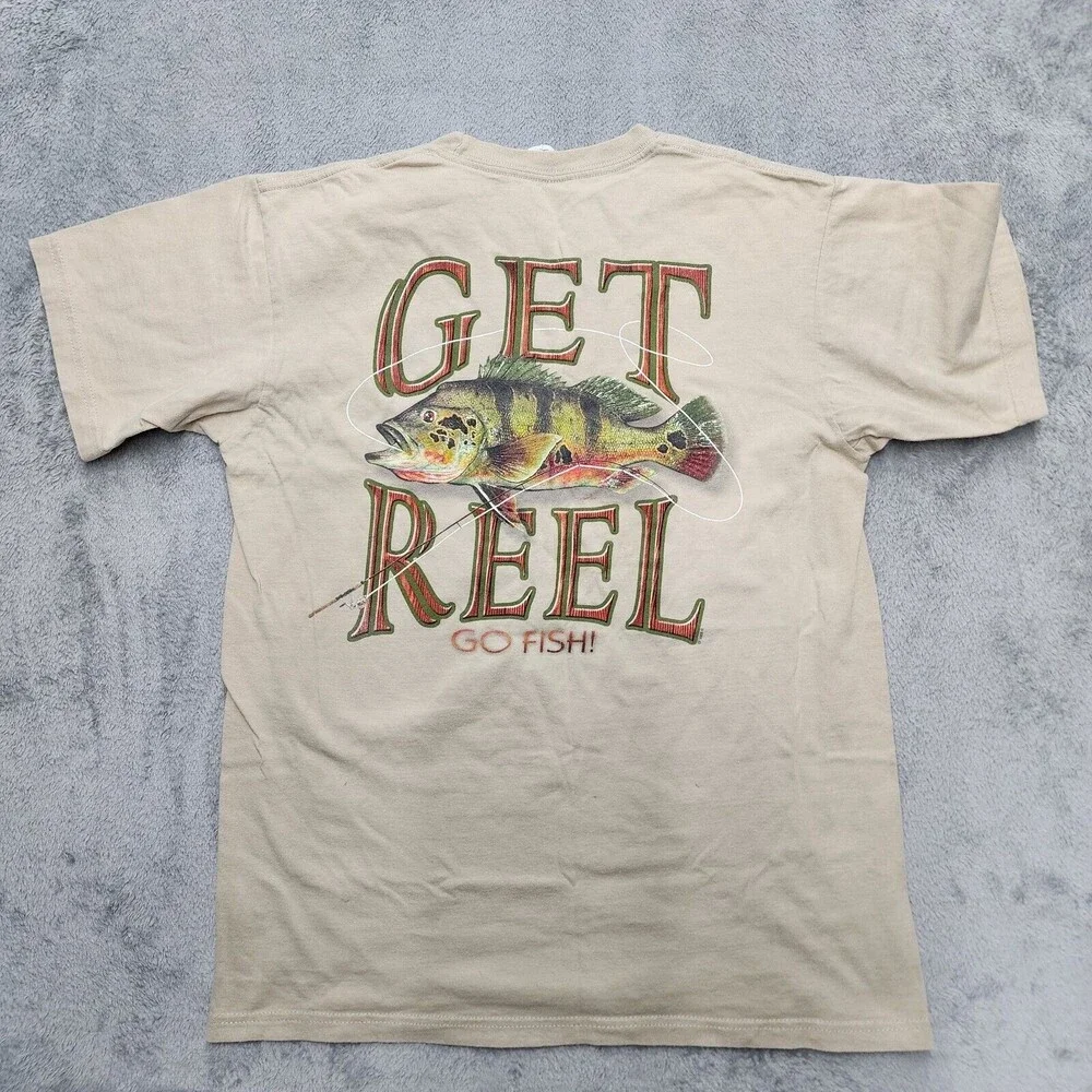 Get Reel Go Fish Shirt Men's Brown T-Shirt Peacock Bass Size M